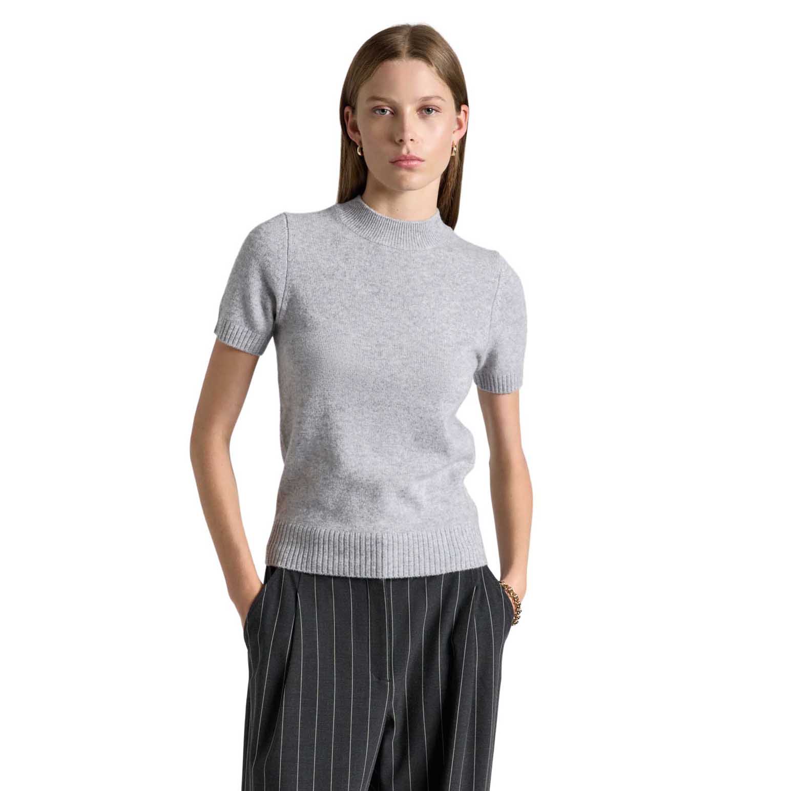 Cue Merino Cashmere Blend Mock Neck Short Sleeve Knit